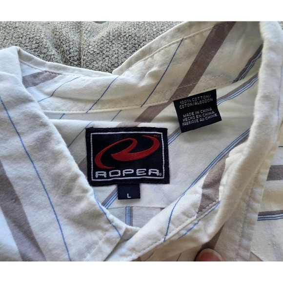 Roper Western Shirt Mens L White Stripe Embroidered Sleeves Cotton Button Up - Picture 5 of 15